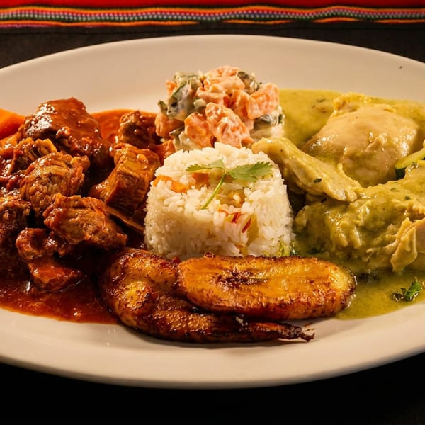 A white plate with beef stew, chicken in green sauce, rice, potato salad, and plantains.