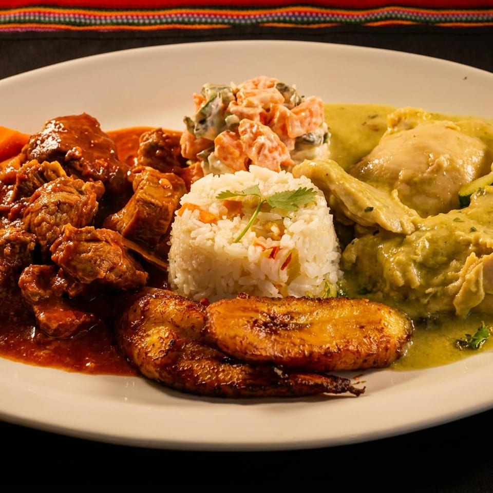 A white plate with beef stew, chicken in green sauce, rice, potato salad, and plantains.
