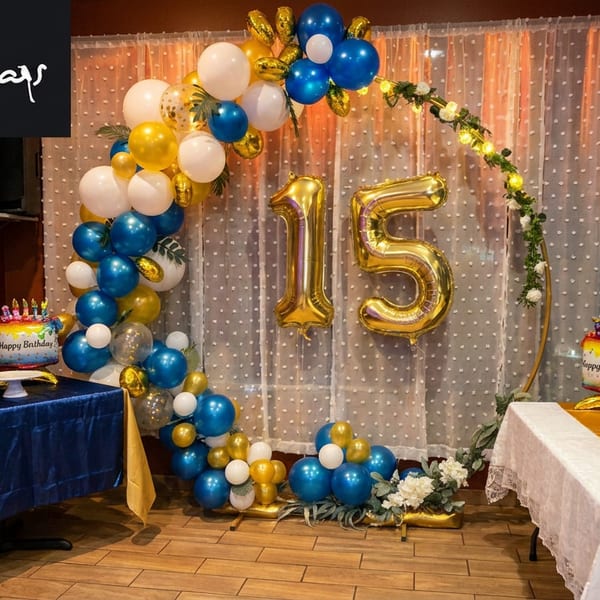 A festive quinceañera setup with blue, gold, and white balloons, a "15" balloon, and two birthday cakes.