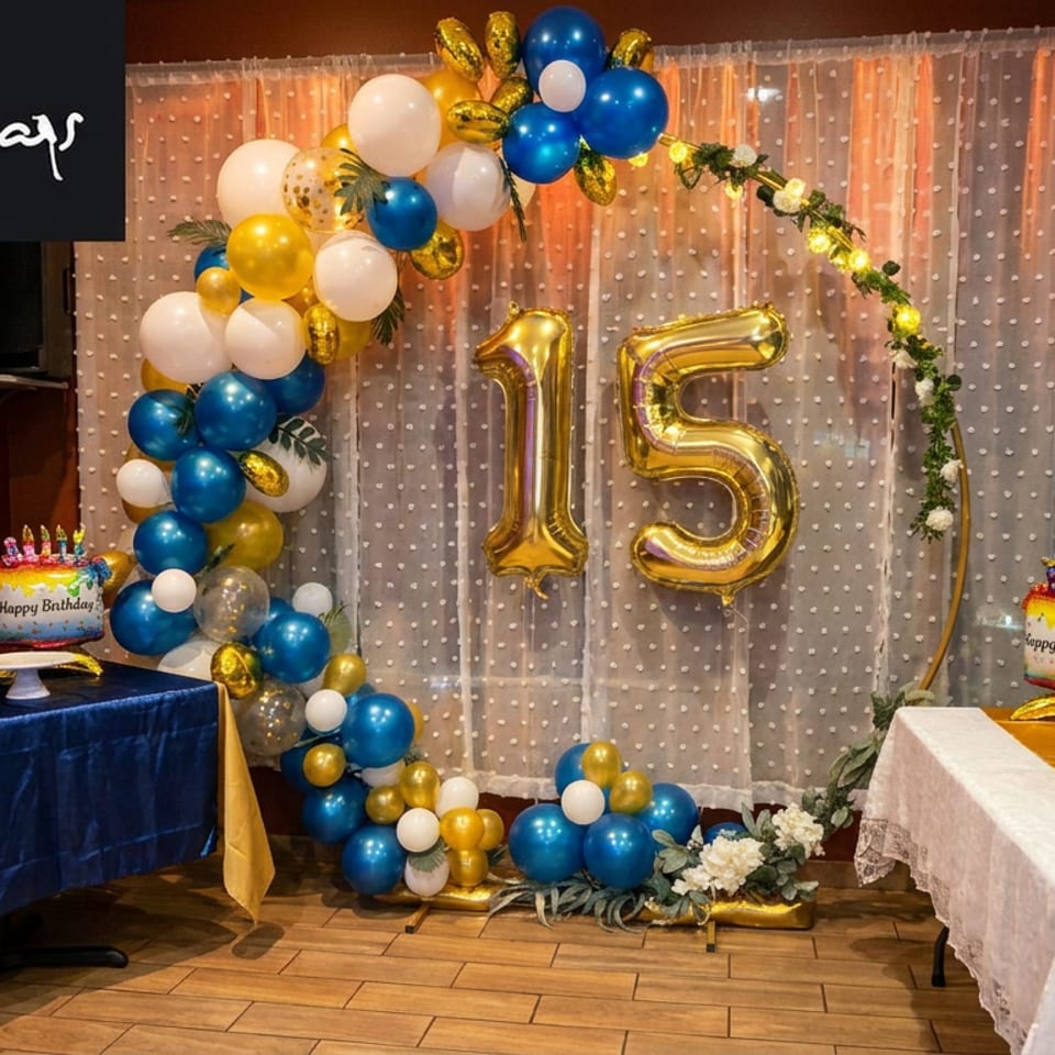 A festive quinceañera setup with blue, gold, and white balloons, a "15" balloon, and two birthday cakes.