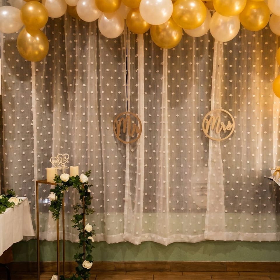 Wedding reception decor with "LOVE" blocks, balloons, "Mr" and "Mrs" signs, and floral arrangements.